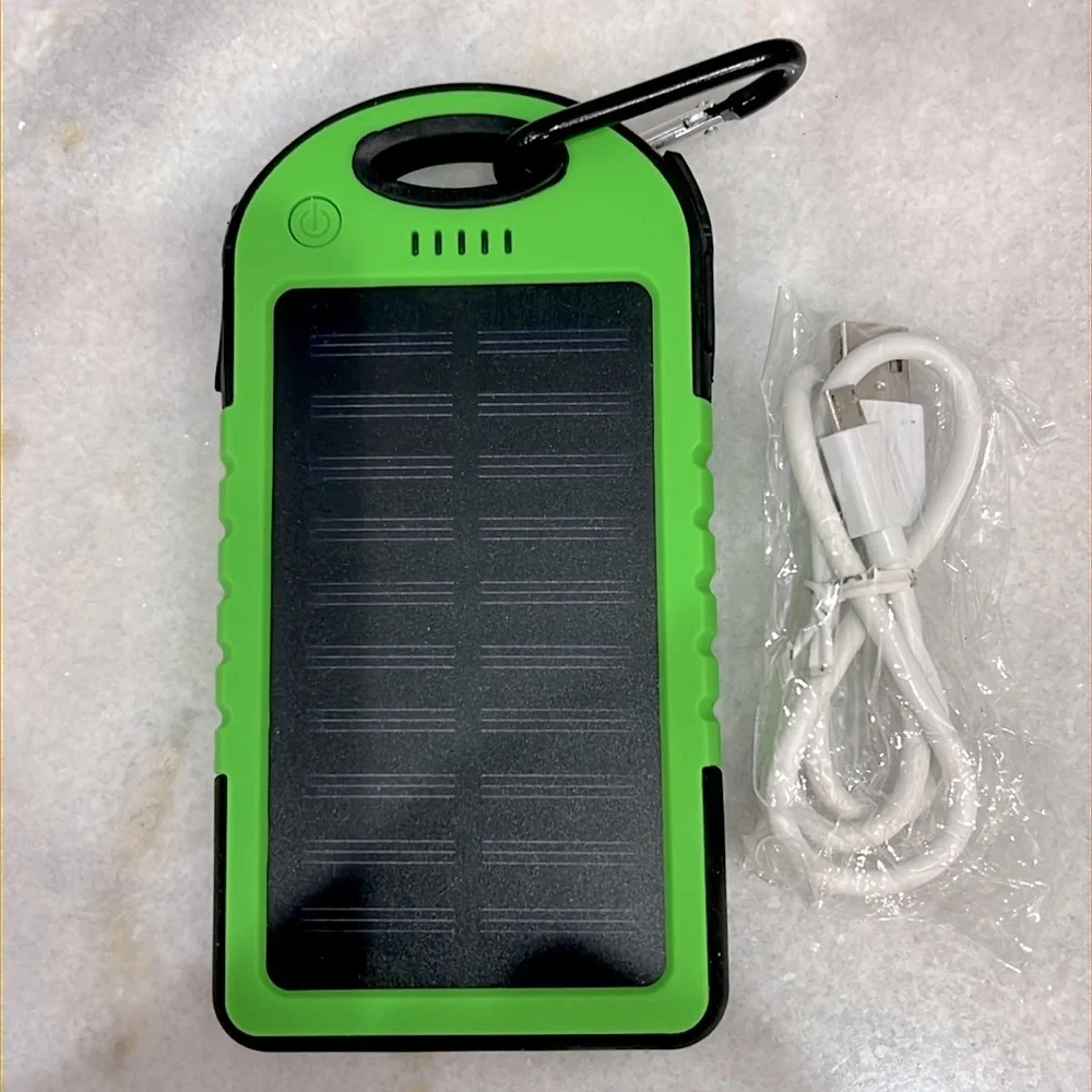 Lime Green Solar Bank with USB Charging Cable and Carabiner